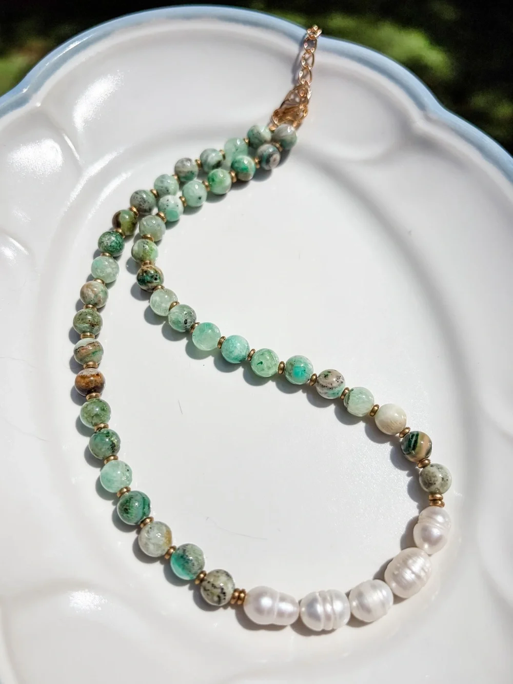 N3 Handcrafted Green Natural Stone and Freshwater Pearl Beaded Necklace